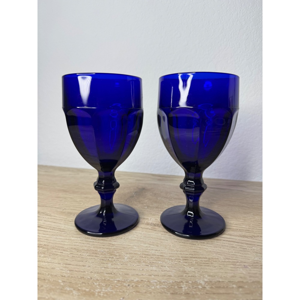Vintage Libbey Duratuff Cobalt Blue Gibraltar Glass Goblets Water Wine Set of 2